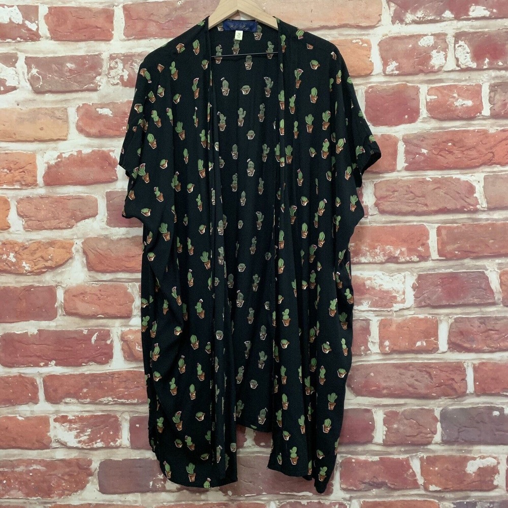 Francesca's Blue Rain Blouse Topper Women's Medium Black Green Cactus Shrug Top
